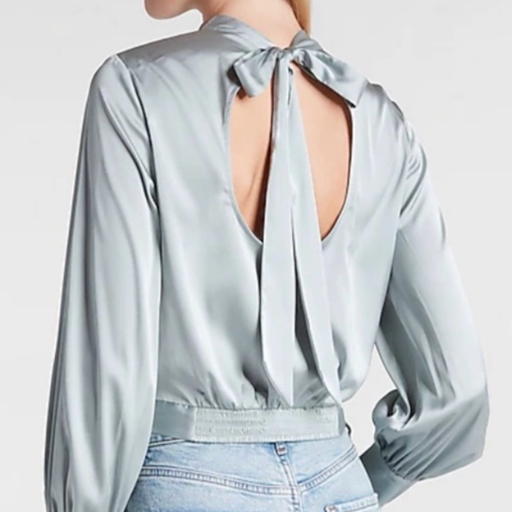 Express Satin Mock Neck Tie Open Back Top w/Crystal Button  Size Med
